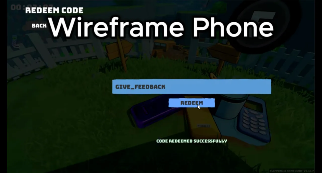 Экран Redeem Code в демо Flipping is Hard: в поле GIVE_FEEDBACK, ниже CODE REDEEMED SUCCESSFULLY