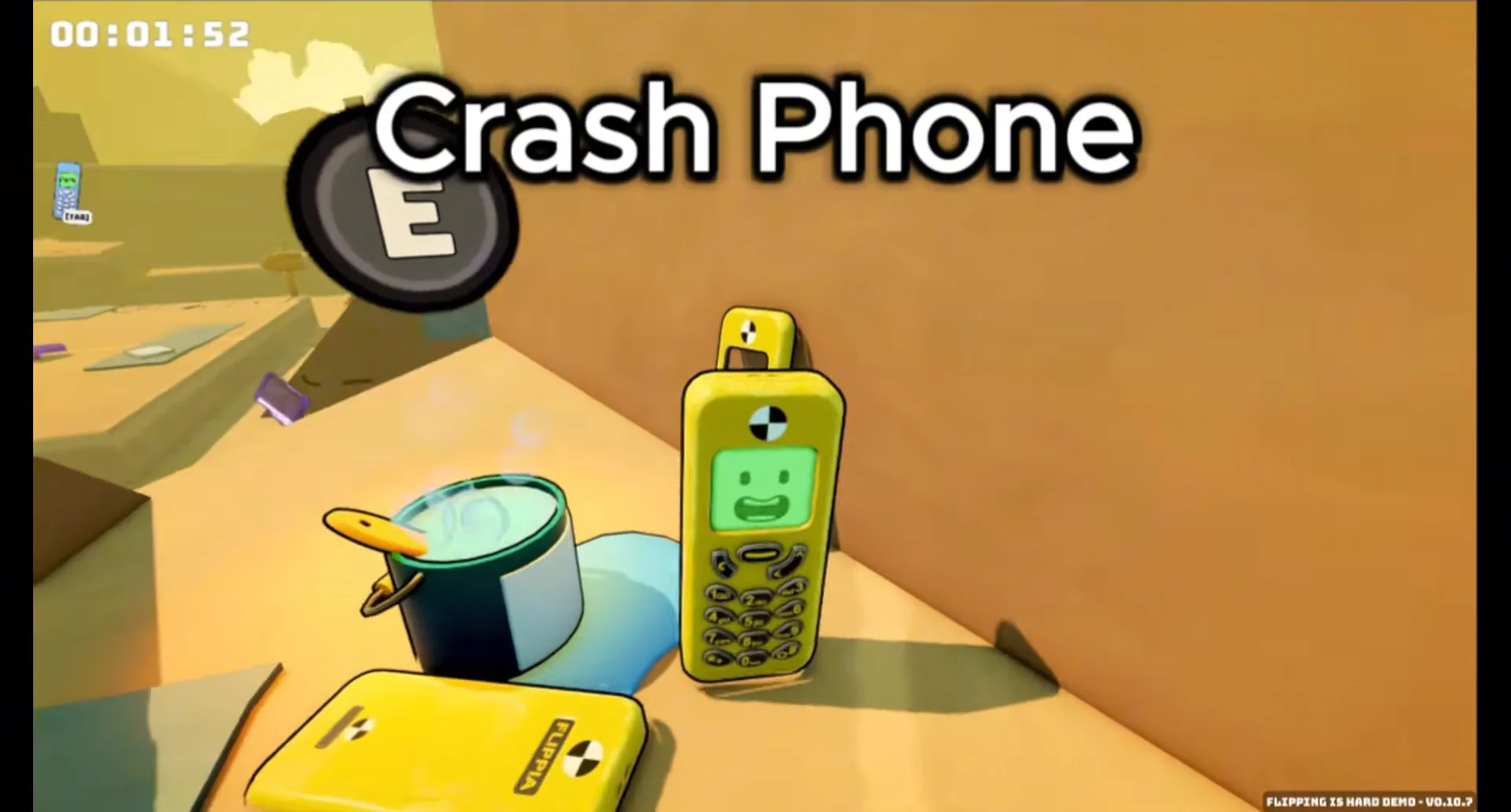 Скин Yellow Crash Phone во Flipping is Hard demo рядом с банкой краски, жёлтым чехлом и подсказкой E над головой