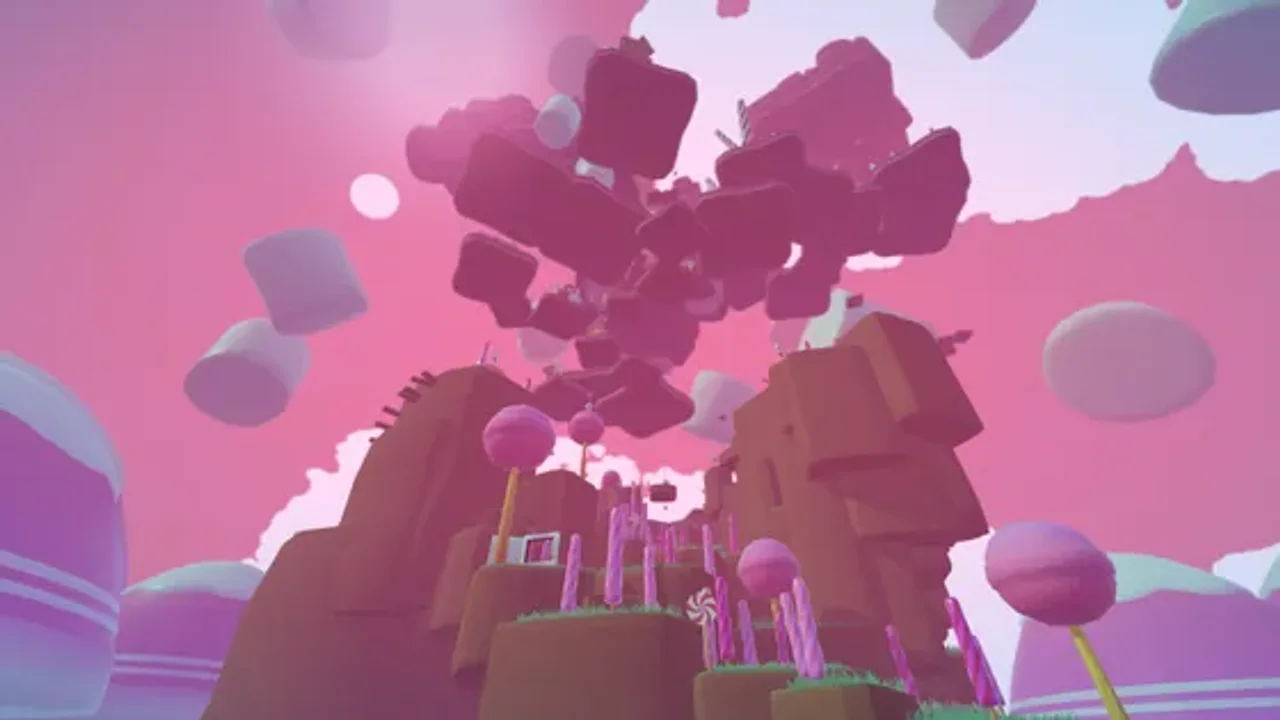 Crossing the wafer bridges and pastel candy platforms of Floor 4 Candyland in Flipping is Hard