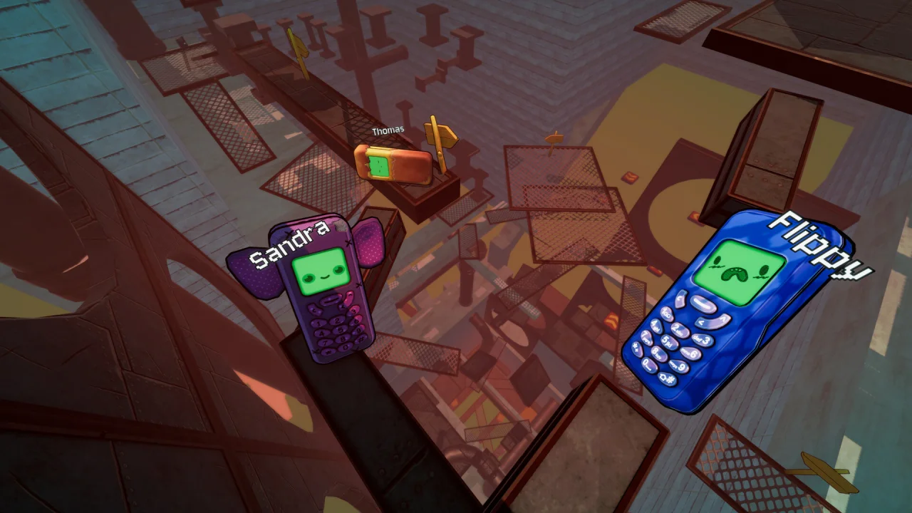 Co-op climb in Flipping is Hard Two phones named Sandra and Flippy climbing together over a rusty metal platform in a Steam store screenshot of Flipping is Hard co-op