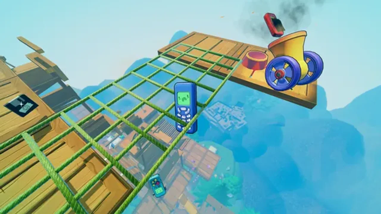 Multiple players coordinating their jumps across elevated Trashlands platforms during a co-op climb