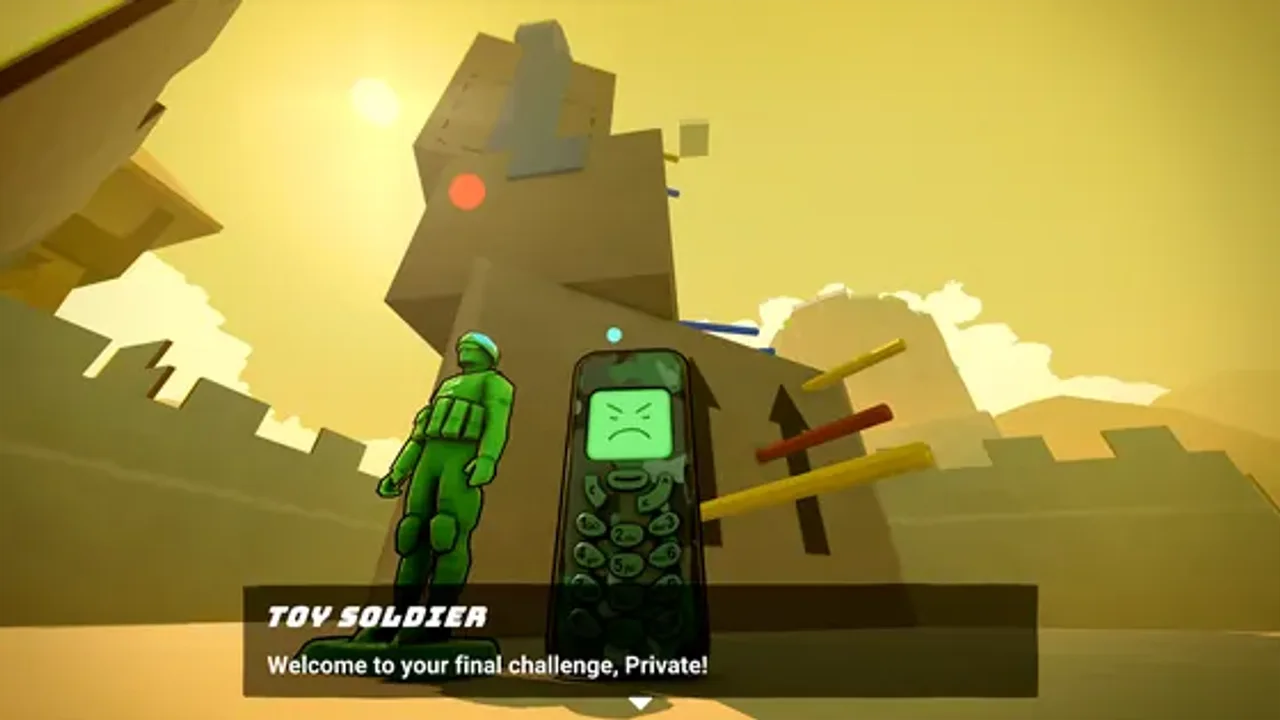 Interacting with the Toy Soldier and quirky discarded NPCs along the vertical climb in Flipping is Hard